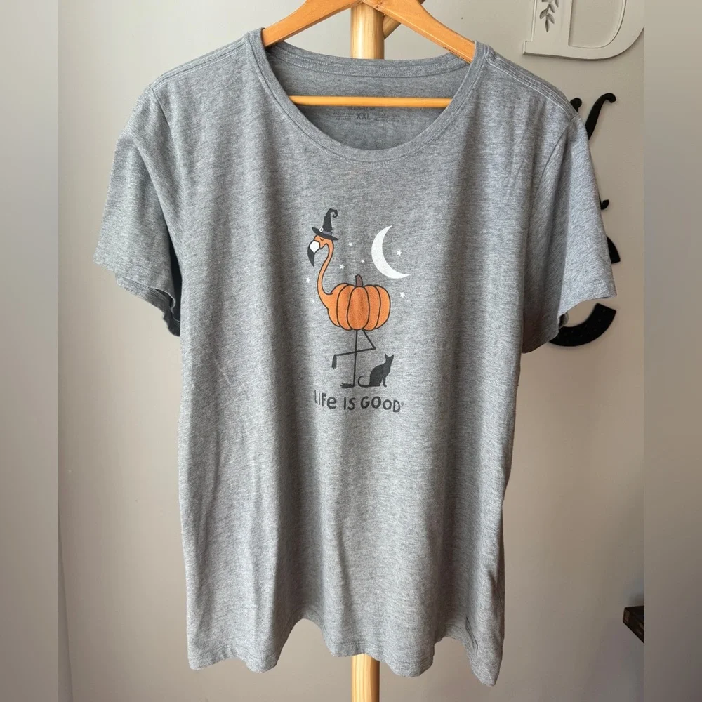 Life is Good Flamingo Halloween Shirt Women’s Size XXL Funny Gray - Picture 1 of 9